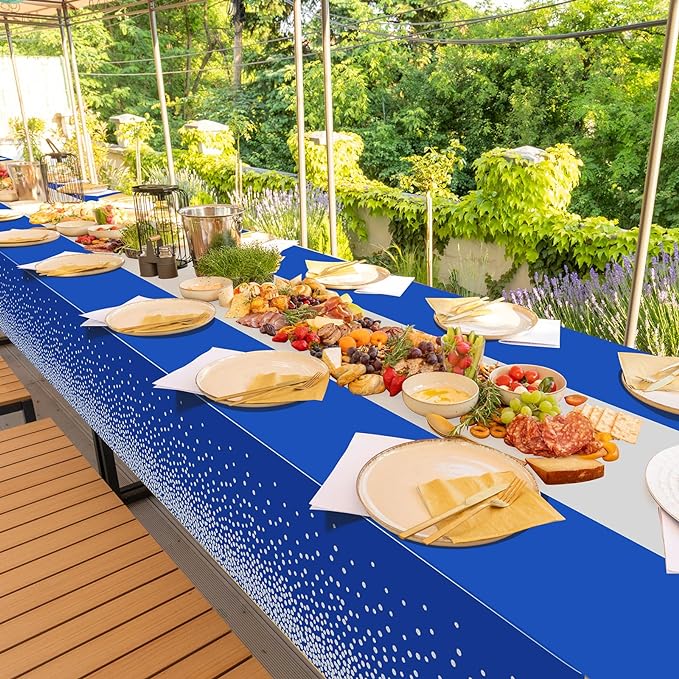 1Pcs Blue Silver Tablecloth Party Decorations,Plastic Royal Blue Table Cloth Printed Silver Table Runner Disposable Rectangle Tables Cover for Anniversary Wedding Graduation 2024 Party,54 x108 Inch