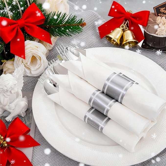 Liacere 100 Pack Silver Plastic Silverware-Pre Wrapped cutlery and Napkin-Pre Rolled Silverware Disposable 100 Forks, 100 Knives 100 Spoons, 100 Napkins Plastic Utensils&Christmas&New Year