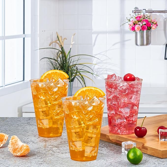 Vplus 100 Count 14 OZ Gold Glitter Heavy Duty Large Plastic Cups, Disposable Plastic Glasses Tumblers, Elegant Wedding Birthday Christmas Party Cups