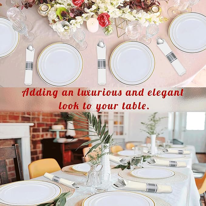 200 Pack Pre Rolled Silver Plastic Silverware Set,Wrapped Plastic Cutlery Set with Napkin Include 200 Forks,200 Spoons,200 Knives and 200 White Napkins for Party,Wedding,Christmas