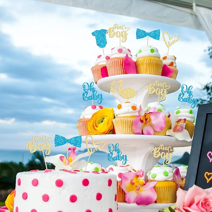 Gyufise 36 Pack Oh Baby Cupcake Toppers Assembled It's a Boy Cupcake Toppers with Tie Onesie Love Heart Glitter Cake Picks Decorations for Baby Shower Boy Birthday Party Supplies