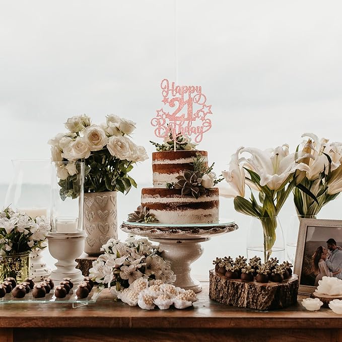 1 PCS Happy 21st Birthday Cake Topper Glitter Cheers to 21 Years Birthday Cake Pick Hello 21 Fabulous Cake Decoration for Happy 21st Birthday Anniversary Party Decorations Supplies Rose Gold