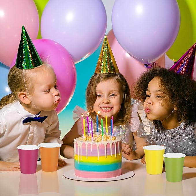 URATOT 60 Pieces 9 Ounce Disposable Paper Cups Neon Color Party Cups Drinking Cups for Party, DIY, and Holiday, 4 Colors