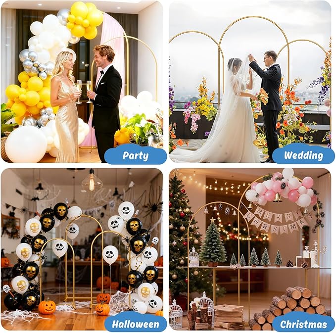 Heavy Duty Metal Arch Backdrop Stand, 7.2FT, 6.6FT, 6FT Set of 3 Gold Arch Stand with Ground Stakes and Water Bags, Balloon Arch Stand for Wedding Party Baby Shower Photo Flower Arch Decration