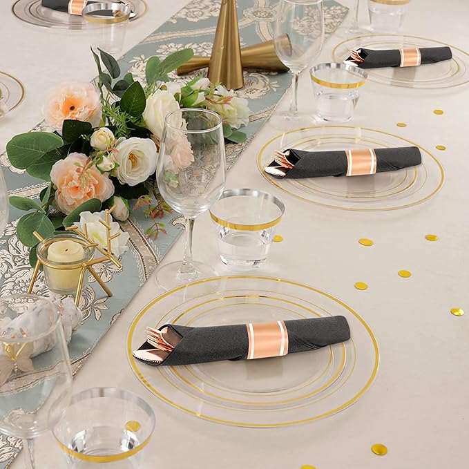 50 Pack Pre Rolled Rose Gold Plastic Silverware Set,Wrapped Plastic Cutlery Set with Napkin Include 50 Forks,50 Spoons,50 Knives and 50 Black Napkins for Party, Wedding,Christmas