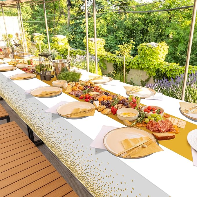 12Pcs White and Gold Tablecloth Party Decorations,Plastic White Table Cloth Printed Gold Table Runner Disposable Rectangle Tables Cover for Birthday Wedding Anniversary Graduation Party,54 x108 Inch