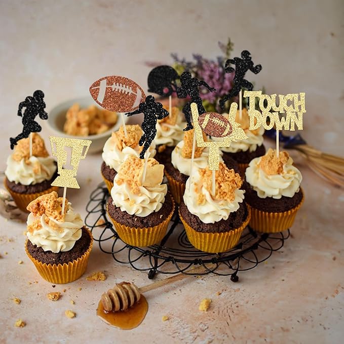 36Pcs Rugby Ball Cupcake Toppers Glitter Trophy American Football Cupcake Picks Touchdown Player Cake Decorations for Super Bowl Rugby Sports Theme Baby Shower Kids Birthday Party Supplies
