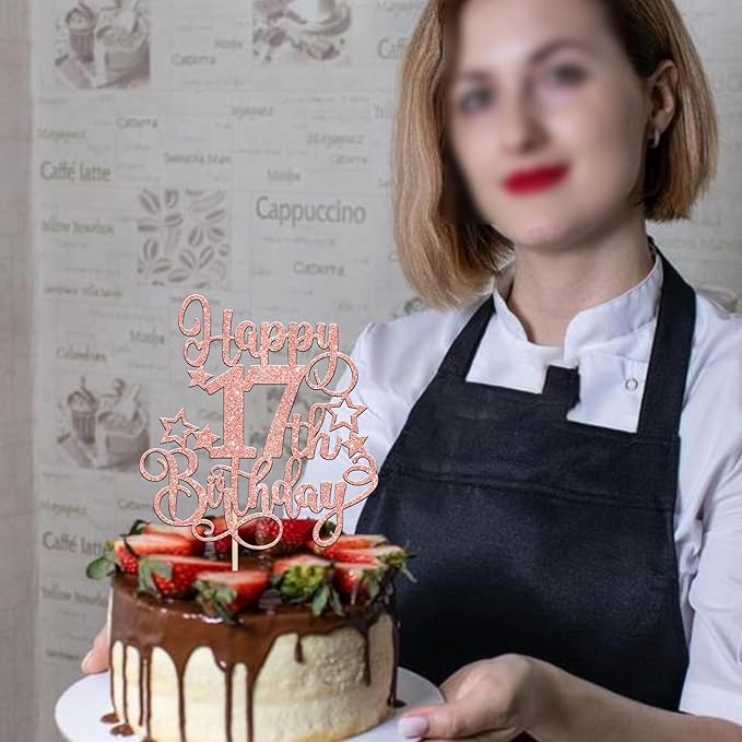 1 PCS Happy 17th Birthday Cake Topper Glitter Cheers to 17 Years Birthday Cake Pick Hello 17 Fabulous Cake Decoration for Happy 17th Birthday Anniversary Party Decorations Supplies Rose Gold