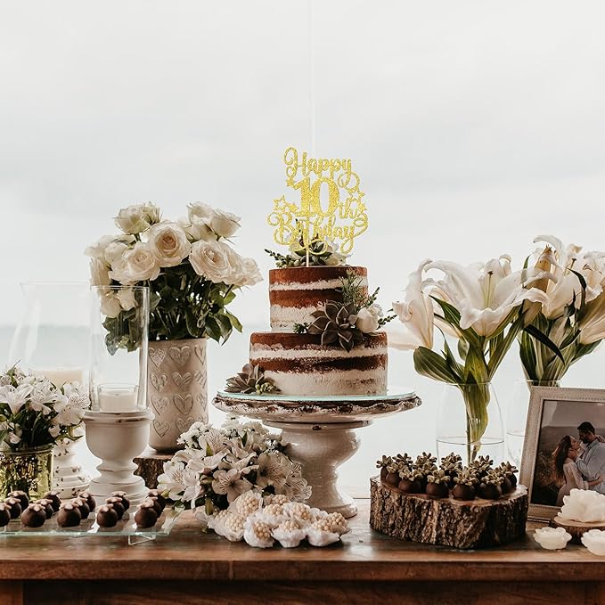 1 PCS Happy 10th Birthday Cake Topper Glitter Cheers to 10 Years Birthday Cake Pick Hello 10 Fabulous Cake Decoration for Happy 10th Birthday Anniversary Party Decorations Supplies Gold