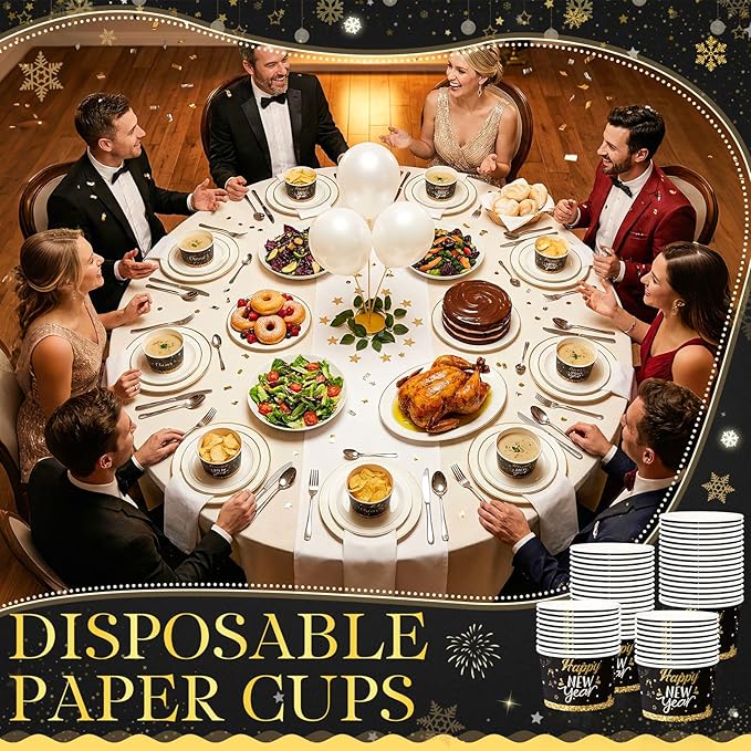 50 Pack 9 oz Happy New Year Soup Bowls Disposable Paper Cups Winter Themed Disposable Dessert Bowls Cocktail Berry Paper Snack Cups for Hot and Cold Food Happy New Year's Eve Party Supplies