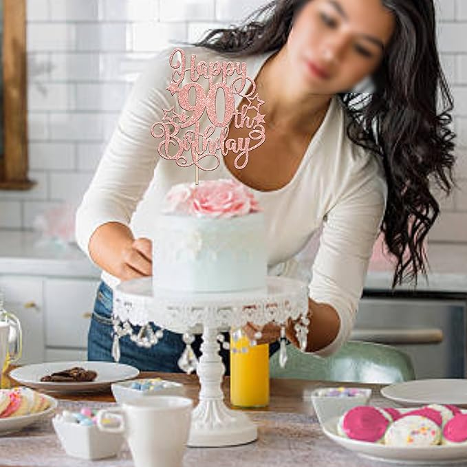 1 PCS Happy 90th Birthday Cake Topper Glitter Cheers to 90 Years Birthday Cake Pick Hello 90 Fabulous Cake Decoration for Happy 90th Birthday Anniversary Party Decorations Supplies Rose Gold