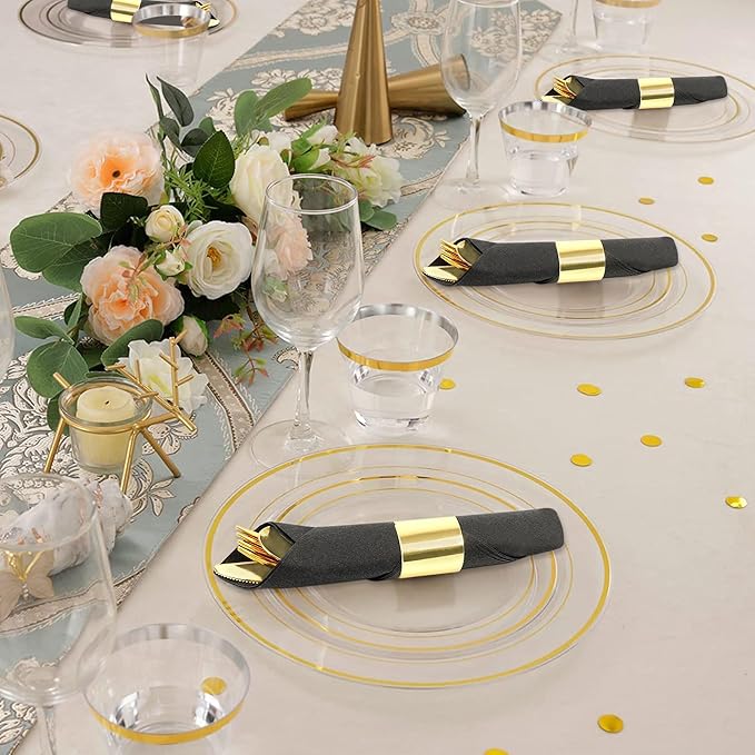 50 Pack Pre Rolled Gold Plastic Silverware Set,Wrapped Plastic Cutlery Set with Napkin Include 50 Forks,50 Spoons,50 Knives and 50 Black Napkins for Party, Wedding,Christmas