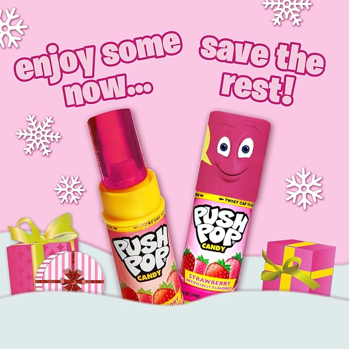 Push Pop Pink Candy Lollipops, 10 Ct Individually Wrapped Christmas Candy in Pink Strawberry Flavor, Full Size, Fun Lollipops For Stocking Stuffers, Party Favors, Birthday Parties, Goodie Bags