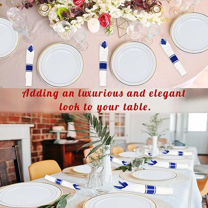 50 Pack Pre Rolled Blue Plastic Silverware Set,Wrapped Plastic Cutlery Set with Napkin Include 50 Forks,50 Spoons,50 Knives and 50 White Napkins for Party,Wedding,Christmas