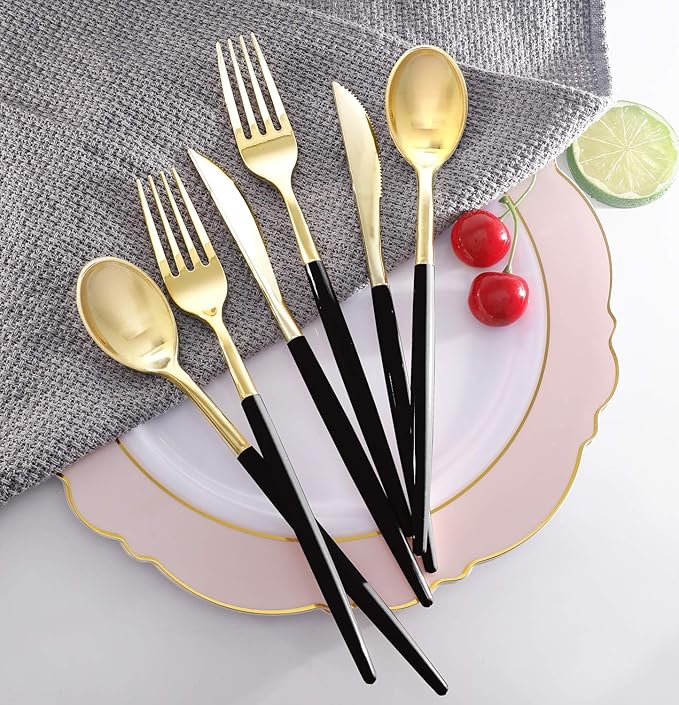 Supernal 102pcs Gold Plastic Silverware, Golden Cutlery with Black Handle, Disposable Flatware Collection, Includes 34 Plastic Forks and Spoons and Knives Ideal for Weddings, Parties, and Birthdays