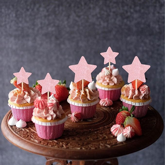 30 PCS Star Cupcake Toppers Glitter Assembled Twinkle Star Cupcake Picks Wedding Engagement Bridal Shower Birthday Party Cake Decorations Supplies Mixed Size Light Pink