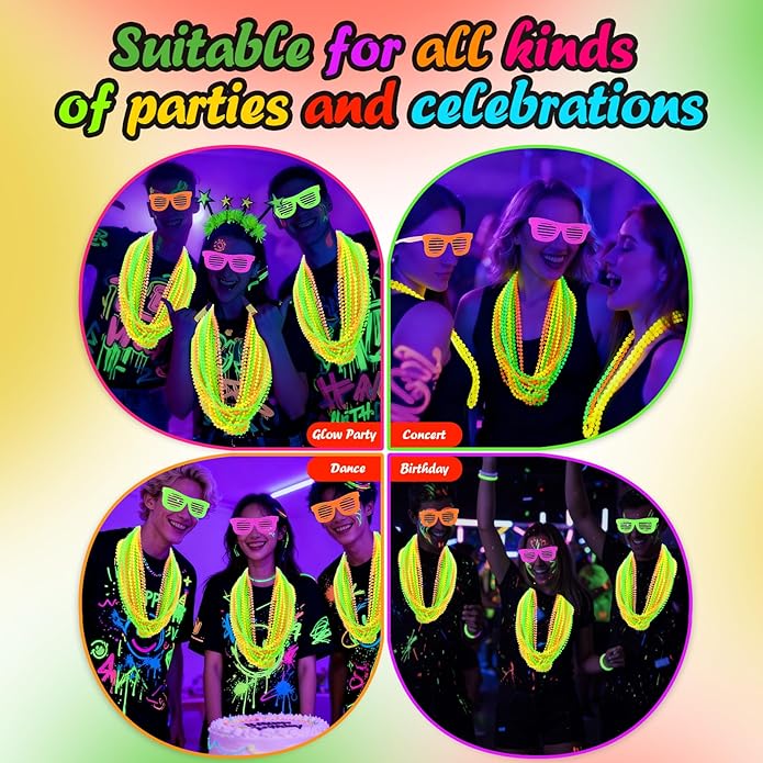 Glow in the Dark Beads Necklaces Glow Party Supplies, 33" Yellow Green Orange UV Black Light Necklaces for Glow Party Favors Night Accessories, Halloween Birthday Party Decorations