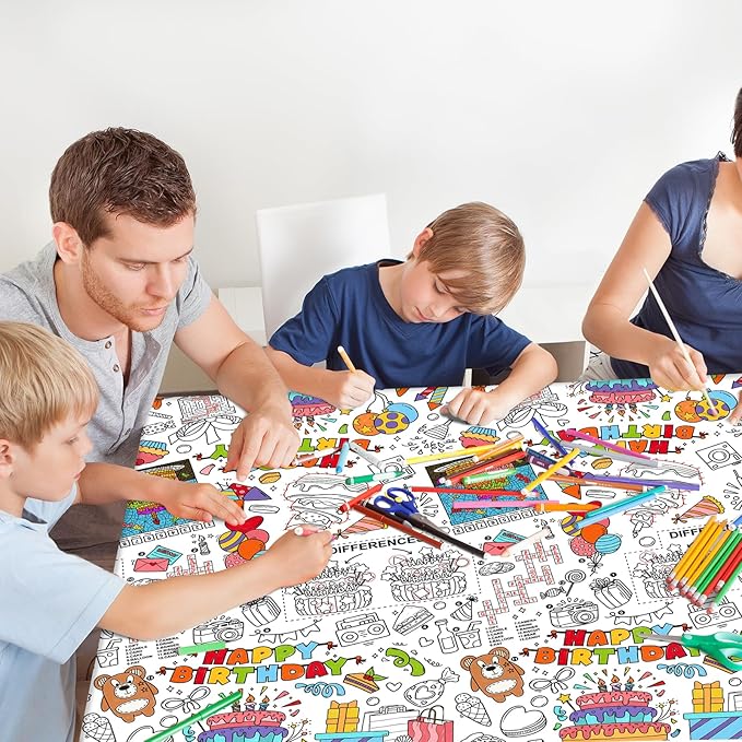 Gatherfun Happy Birthday Party Supplies Color-in Disposable Paper Tablecloth | 54x88 in Happy Birthday Party Decorations Set for Kids Birthday, School & Special Events