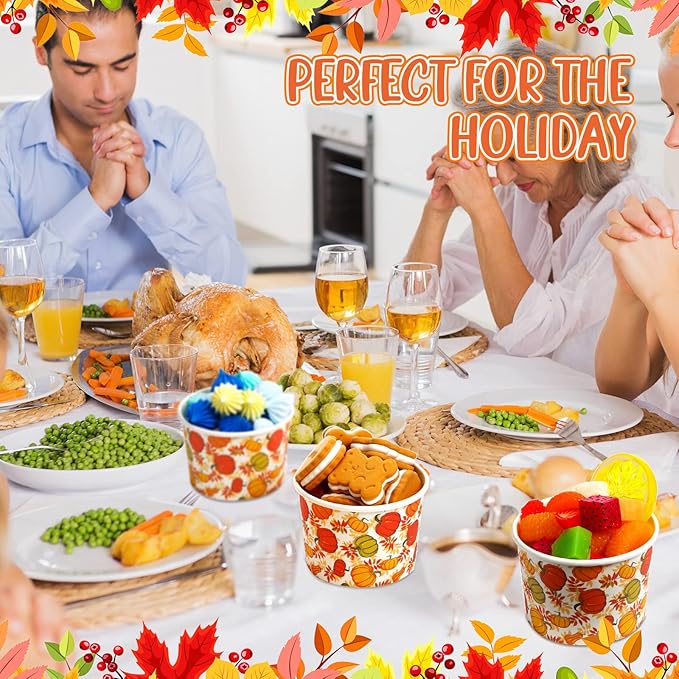 50 Pack 9 oz Fall Soup Bowls Disposable Paper Cups Fall Themed Disposable Dessert Bowls Pumpkin Paper Snack Cups for Hot or Cold Food Thanksgiving Day Party Supplies