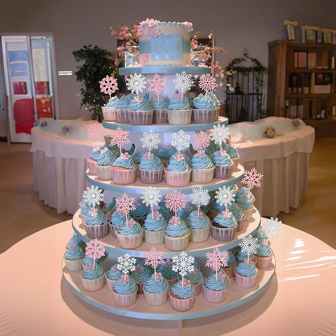 36Pcs Snowflake Cupcake Toppers Glitter Winter Theme Snowflake Cupcake Picks Merry Christmas Happy New Year Christmas Cake Decor Birthday Party Cake Decorations Supplies Pink Silver