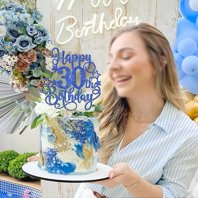 1 PCS Happy 30th Birthday Cake Topper Glitter Cheers to 30 Years Birthday Cake Pick Hello 30 Fabulous Cake Decoration for Happy 30th Birthday Anniversary Party Decorations Supplies Blue