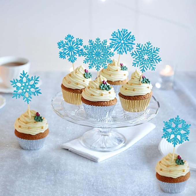 36Pcs Snowflake Cupcake Toppers Blue Glitter Snowflake Cake Toppers Frozen Cake Decorations for Baby Shower Winter Wonderland Christmas Party Cake Decoration Supplies