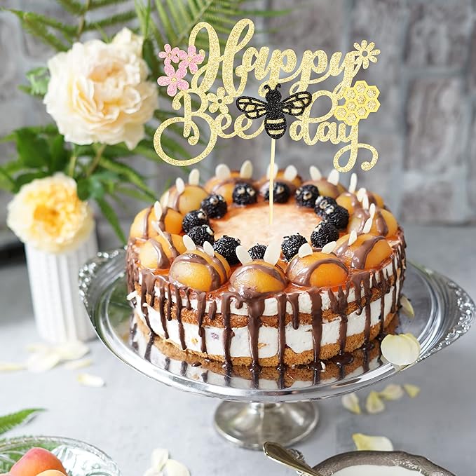 1 Pack Happy Bee Day Cake Topper Black Glitter Bumble Bee Theme Cake Pick Decorations for Baby Shower Kids Birthday Party Supplies
