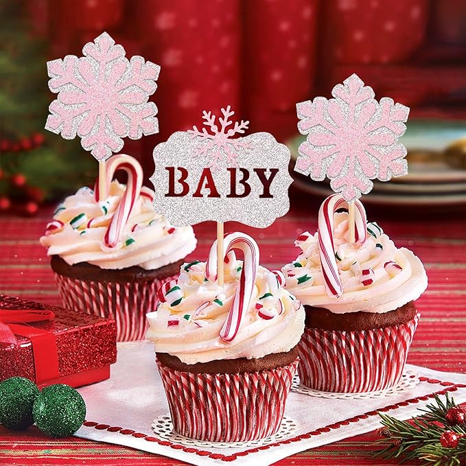 ZHUOWEISM 24 PCS Snowflake Baby Cupcake Toppers Glitter Winter Shower Picks Decorations for Theme Boy Kids Birthday Christmas Party Supplies Pink, Pattern 4 Silver+pink