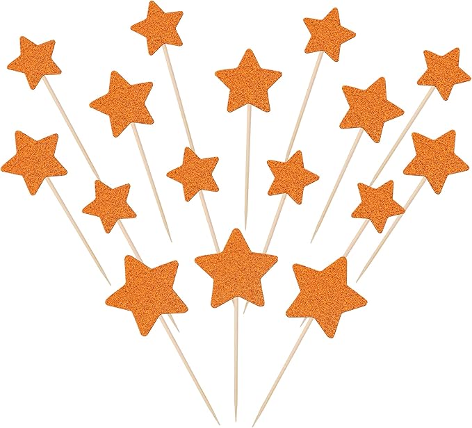 30 PCS Star Cupcake Toppers Glitter Assembled Twinkle Star Cupcake Picks Wedding Engagement Bridal Shower Birthday Party Cake Decorations Supplies Mixed Size Orange