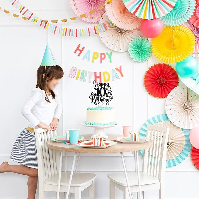 1 PCS Happy 10th Birthday Cake Topper Glitter Cheers to 10 Years Birthday Cake Pick Hello 10 Fabulous Cake Decoration for Happy 10th Birthday Anniversary Party Decorations Supplies Black