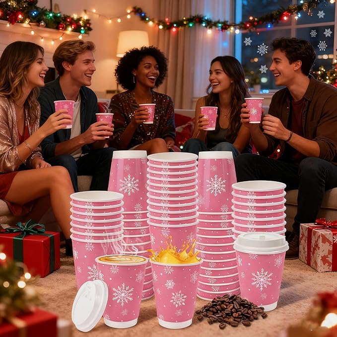 100 Pcs 12 Oz Pink Christmas Coffee Cups with Lids Snowflake Winter Wonderland Disposable Cups Insulated Paper Cups Togo Cups for Hot Chocolate Water Tea Xmas Holiday Birthday Party Supplies