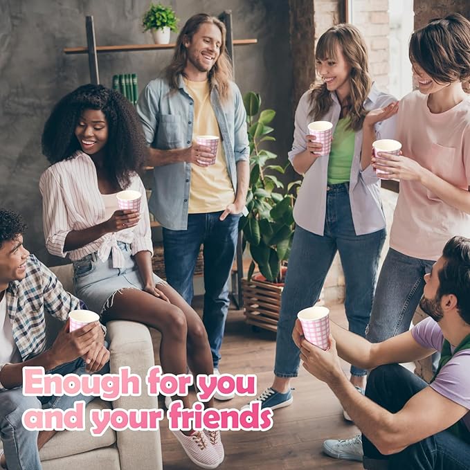 Honeydak 150 Pcs 9 oz Gingham Paper Drinking Cups Checkered Party Disposable Plaid Paper Cups Supplies for Wedding Birthday Fiesta Party Baby Shower Picnic(Pink)