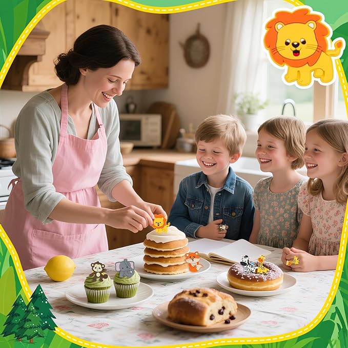 24 PCS Jungle Animals Cupcake Toppers Forest Theme Cupcake Ring Lion Monkey Zebra Fox Giraffe Elephant Cake Topper for Birthday Baby Shower Oh Baby Party Favor Nursery Wild Party Supplies