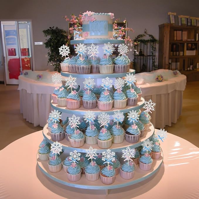 24Pcs Snowflake Cupcake Toppers Silver Glitter Pink Blue Bow Snowflake Gender Reveal Cake Toppers Decorations for Baby Shower Winter Wonderland Christmas Party Supplies
