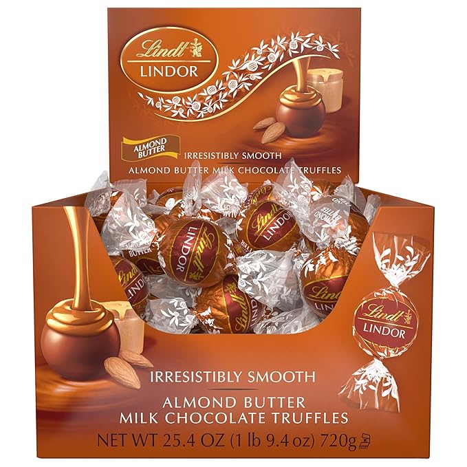 Lindt LINDOR Almond Butter Milk Chocolate Candy Truffles, Milk Chocolate Candy With Almond Butter, 25.4 oz., 60 Count