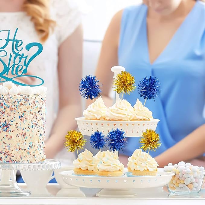 Ephlyn 30Pcs Foil Firework Cupcake Toppers Sparkles Fireworks Sticks Birthday Decorations Sparkle Tinsel Cocktail Fruit Toothpick for Birthday Wedding Graduation Party Cake Decorations Dark Blue Gold