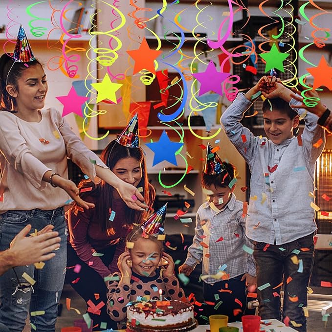 56 Pieces UV Hanging Swirls Decorations Paper Neon Streamer for Ceiling Star Neon Garlands Black Light Neon Decorations for Dark Glow Party Supplies and Decorations Birthday Neon Party Favors