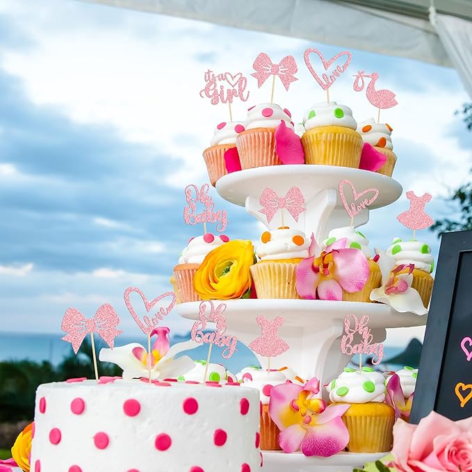 Gyufise 36 Pack Oh Baby Cupcake Toppers It's a Girl Cupcake Toppers with Bow Dress Love Heart Pink Glitter Cake Picks Decorations for Baby Shower Girl Birthday Party Supplies