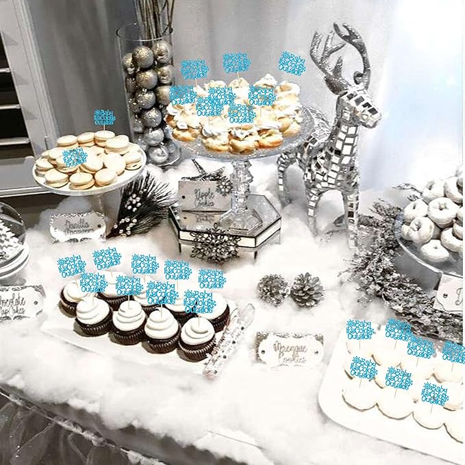 24Pcs Baby It's Cold Outside Snowflake Cupcake Toppers Glitter Winter Frozen Cupcake Picks for Winter Wonderland Baby Shower Birthday Party Cake Decorations Supplies Blue