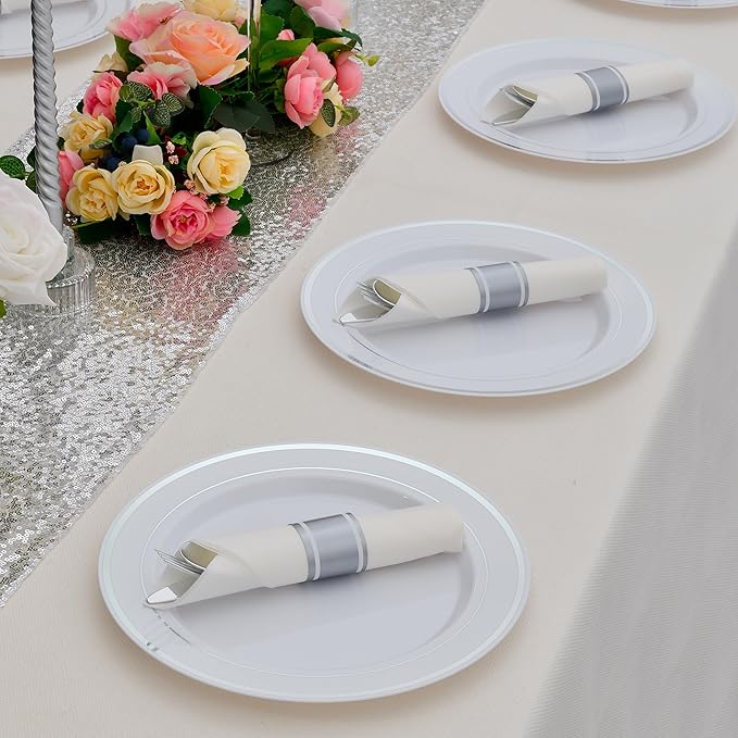 100 Pack Pre Rolled Silver Plastic Silverware Set with Napkins,Disposable Wrapped Heavy Duty Cutlery Set for Wedding Birthday Party-100 Forks,Knives,Spoon,Utensils Set,Plasticware Bulk