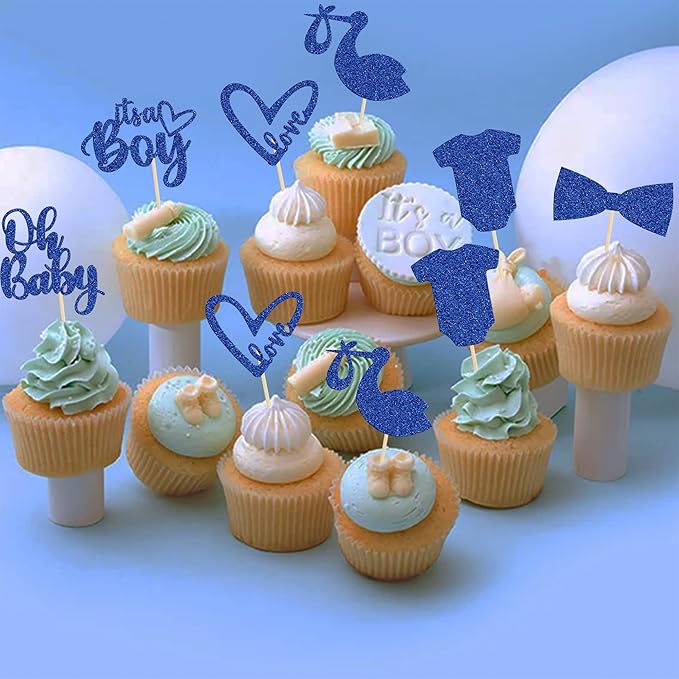 Gyufise 36 Pack Oh Baby Cupcake Toppers It's a Boy Cupcake Toppers with Tie Onesie Love Heart Deep Blue Glitter Babyshower Cake Picks Decorations for Baby Shower Boy Birthday Party Supplies