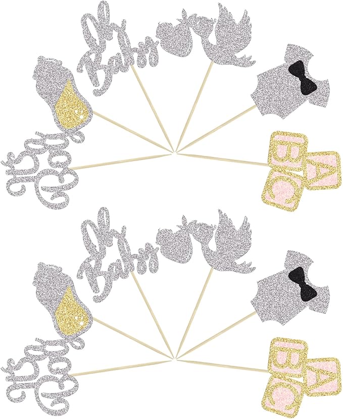 24Pcs Oh Baby Boy Cupcake Toppers Silver Glitter Onesie Bottle Swan Baby Shower Boy Cupcake Picks Gender Reveal Theme Baby Shower Boys Birthday Party Cake Decorations