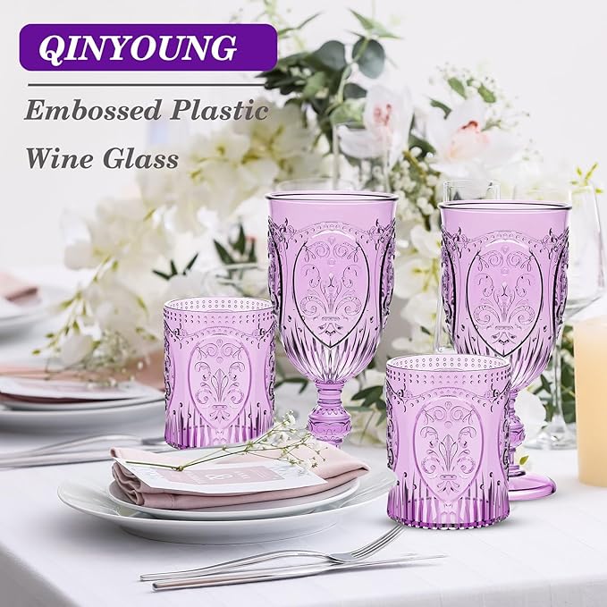 24 Plastic Vintage Drinking Glasses 8.5oz Stemless Retro Embossed Wine Glasses Shatterproof Reusable Cups for Baby Shower Wedding Reception Grand Event Party (Purple)