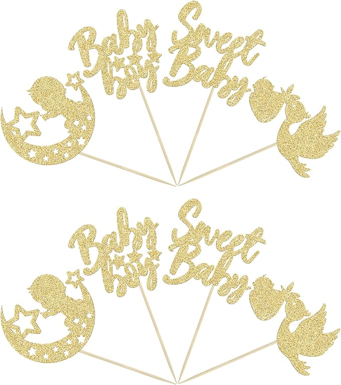 24Pcs Baby Boy Cupcake Toppers Gold Glitter Moon Star Sweet Baby Boy Cupcake Picks Decorations for Gender Reveal Baby Shower Kids Boys Birthday Party Supplies