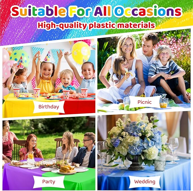 VAIPI 12 Pcs Rainbow Plastic Tablecloths Assorted Colorful Disposable Party Table Cloths Rectangle Pastel Table Covers for Wedding Birthday Neon Party Decor, 108'' x 54''