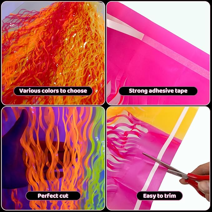 Glow in The Dark Party Supplies, 2 Pack Neon Fluorescent Wavy Metallic Tinsel Foil Fringe Table Skirts, 29.5x108 Inch UV Black Light Reactive Table Streamer Curtain Backdrop Party Decorations