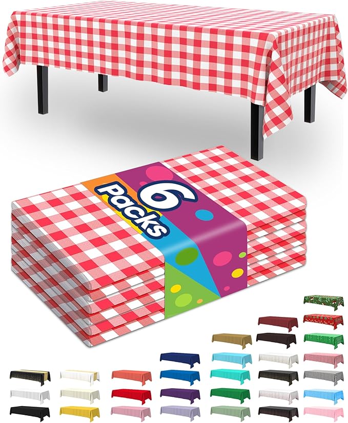 Pureegg Plastic Table Cloth Disposable 6 Pack, 54 x 108 Inch Table Cloths, Party, Picnic, Decorative Gingham Tablecloths, Rectangle, Red and White Checkered Cover, Waterproof, Red Plaid