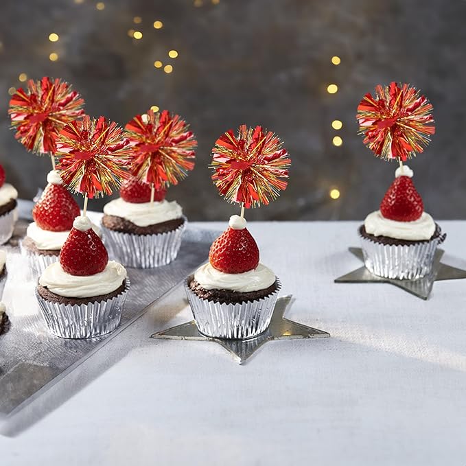 Ephlyn 30Pcs Foil Firework Cupcake Toppers Sparkle Tinsel Drink Birthday Cake Decorations Cocktail Food Fruit Toothpick for New Years Wedding Birthday Party Decorations Gold Red