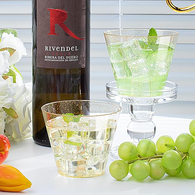 I00000 60 pcs Gold Plastic Cups - 9 OZ Hard Gold Glitter Plastic Cups For Cocktail and Drinking - Premium Disposable Cup with Gold Glitter For Fancy Wedding Party Cup