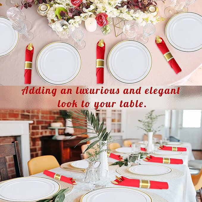 50 Pack Pre Rolled Gold Plastic Silverware Set,Wrapped Plastic Cutlery Set with Napkin Include 50 Forks,50 Spoons,50 Knives and 50 Red Napkins for Party,Wedding,Christmas